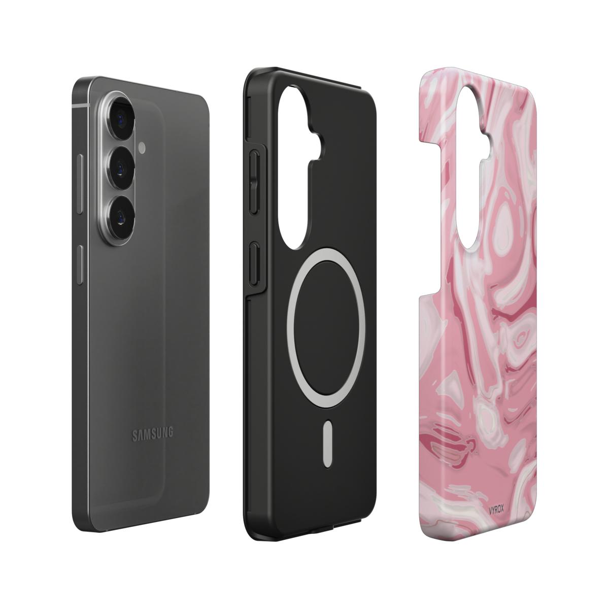 VYROX ROSE Blush Marble magnetic tough case, case and phone side by side