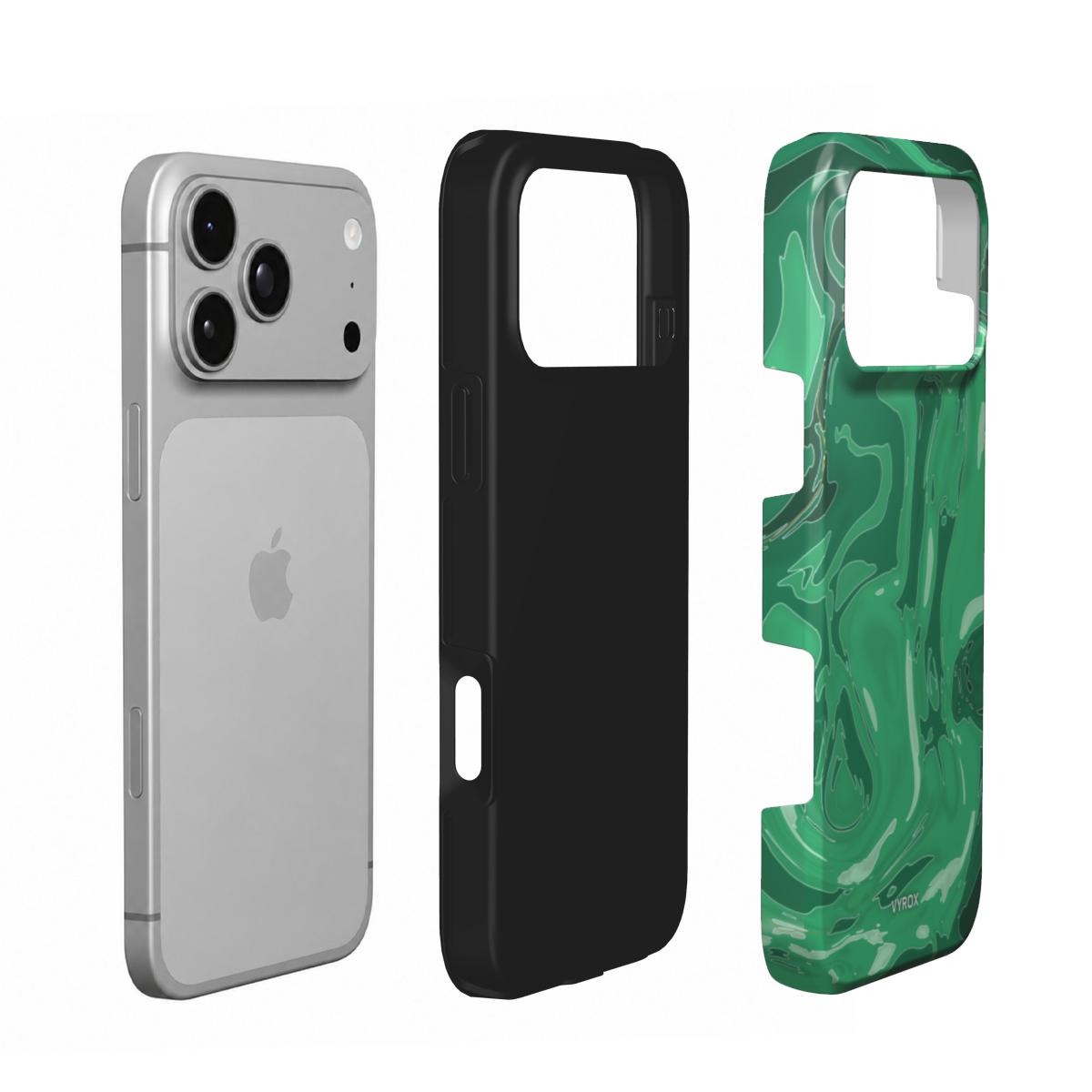 VYROX JADE Temple Green tough phone case, case and phone side by side