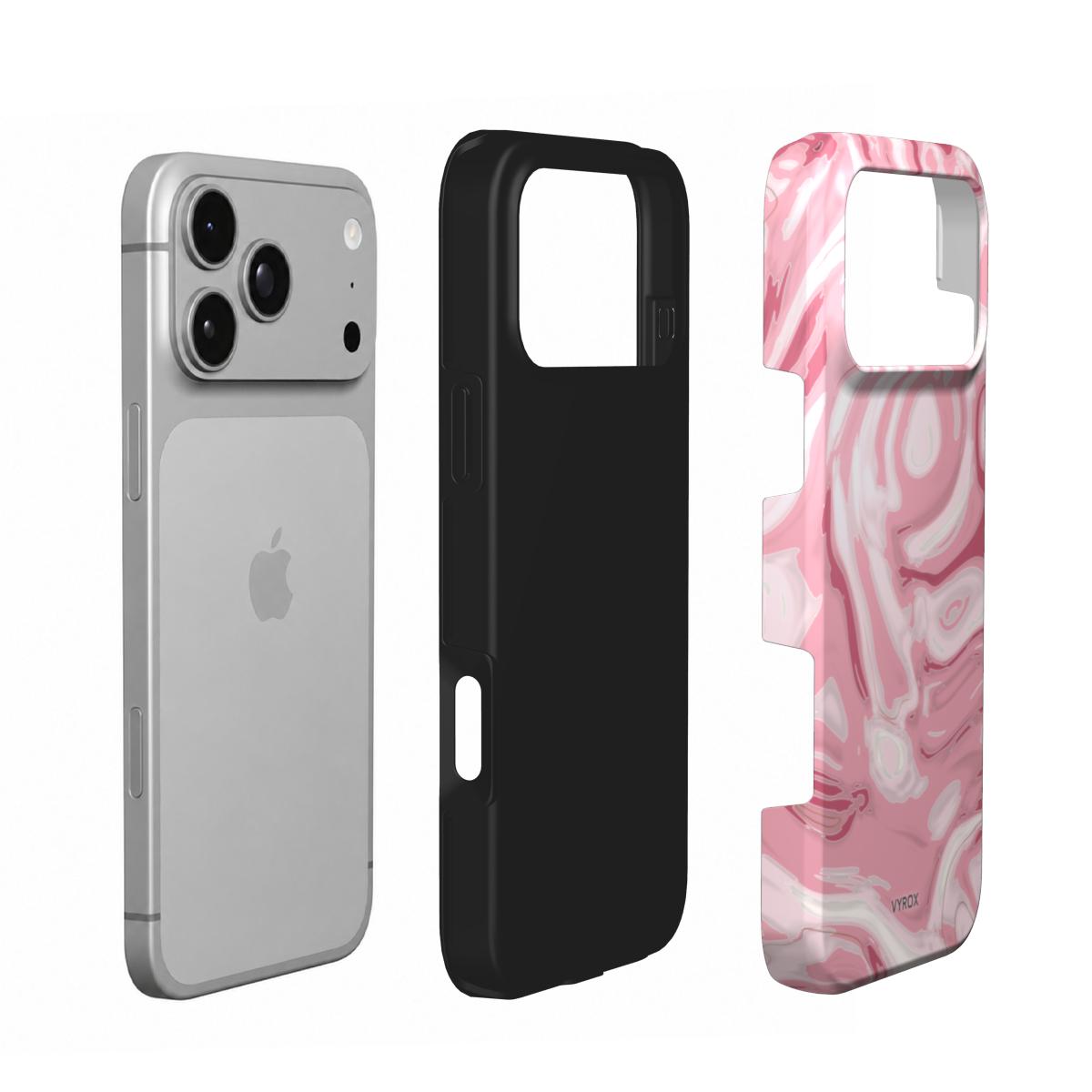 VYROX ROSE Blush Marble tough case on iPhone 18 Pro, case and phone side by side