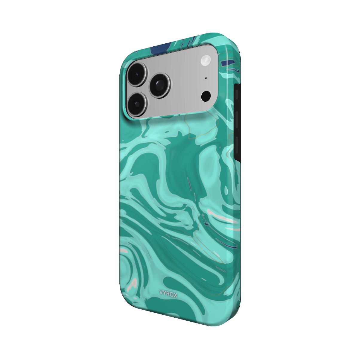 VYROX LAGOON Opal Tide MagSafe tough case on iPhone 18 Pro Max, angled view