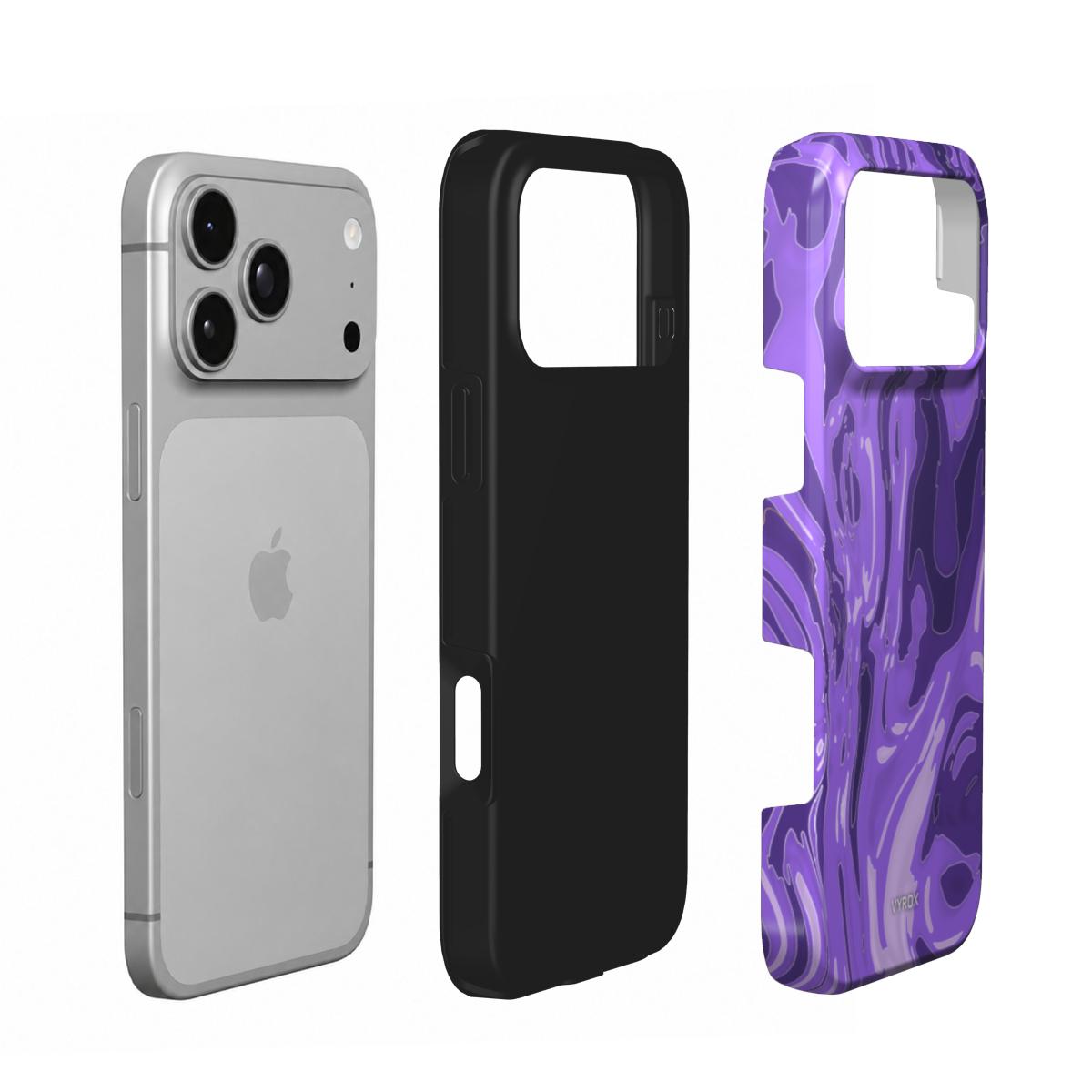 VYROX AMETHYST Violet Drift tough case on iPhone 18 Pro, case and phone side by side