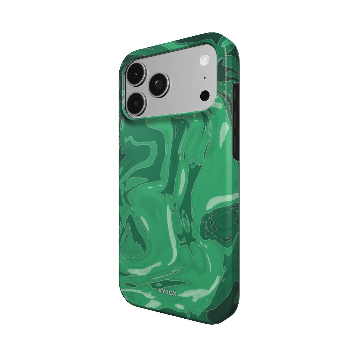 VYROX JADE Temple Green tough case on iPhone 18 Pro Max, angled view