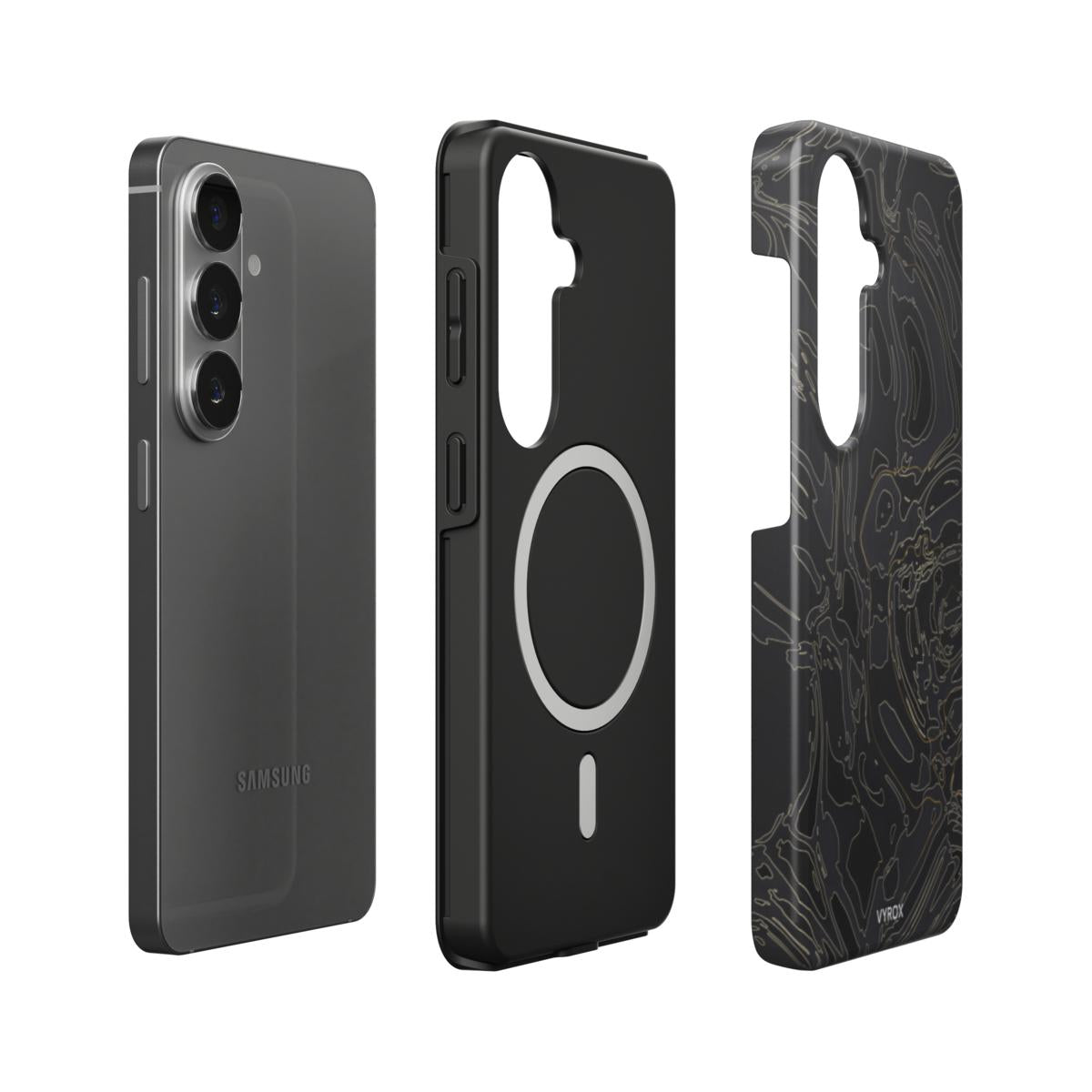 VYROX OBSIDIAN Gold Vein magnetic tough case on Samsung Galaxy S26, case and phone side by side