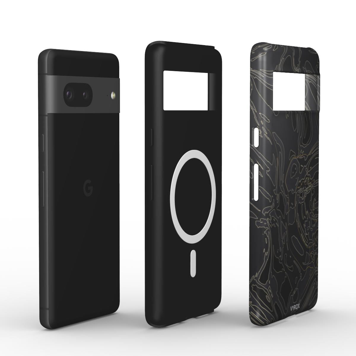 VYROX OBSIDIAN Gold Vein magnetic tough case on Google Pixel 11, case and phone side by side