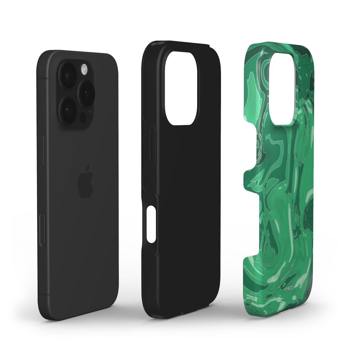 VYROX JADE Temple Green tough case on Google Pixel 11, case and phone side by side