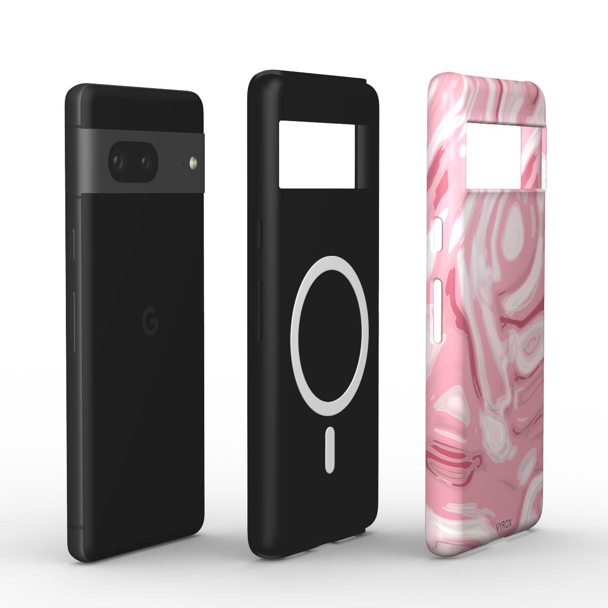 VYROX ROSE Blush Marble magnetic tough case on Google Pixel 11 Pro, case and phone side by side