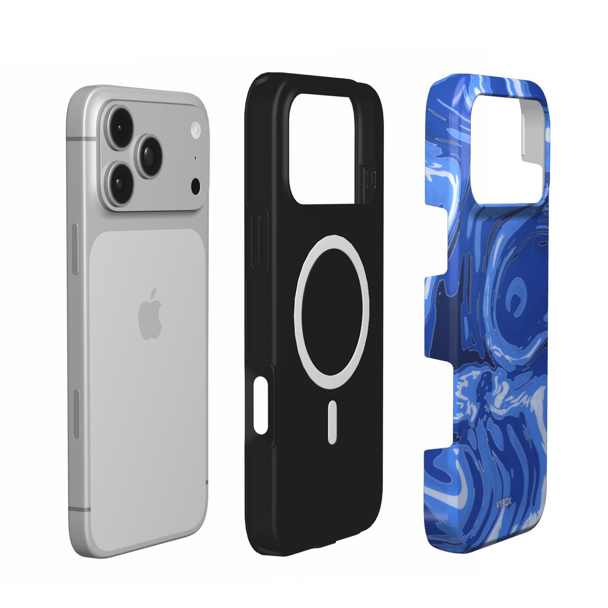 VYROX SAPPHIRE Deep Current MagSafe tough case on iPhone 18 Pro Max, case and phone side by side