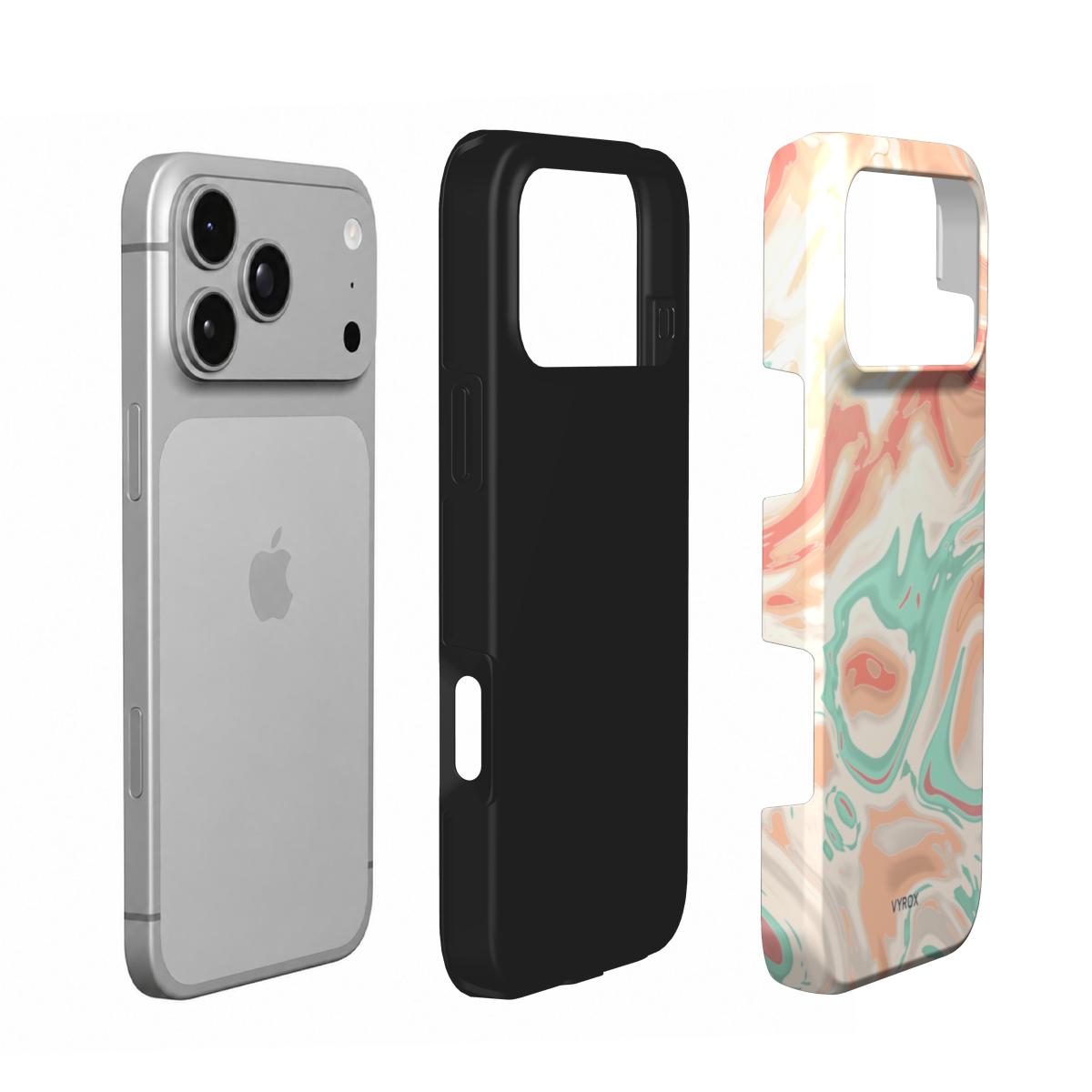 VYROX SORBET Peach Swirl tough case on iPhone 18 Pro Max, case and phone side by side