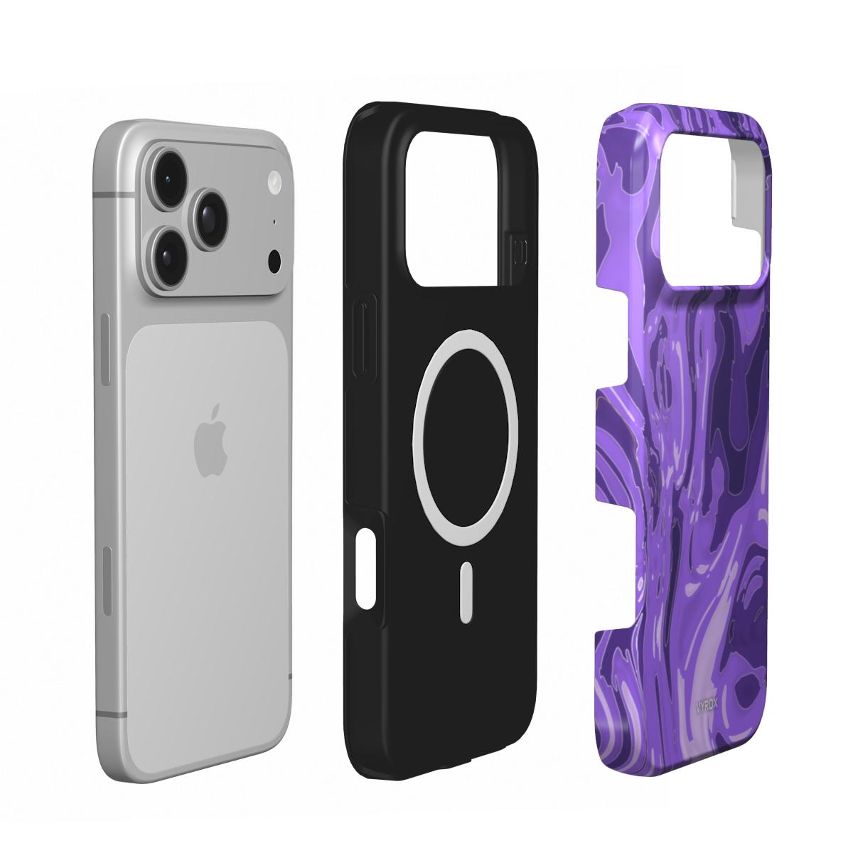 VYROX AMETHYST Violet Drift MagSafe tough case on iPhone 18 Pro, case and phone side by side