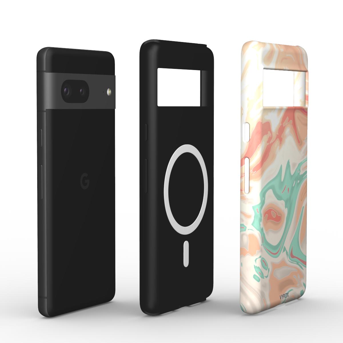 VYROX SORBET Peach Swirl magnetic tough case on Google Pixel 11, case and phone side by side