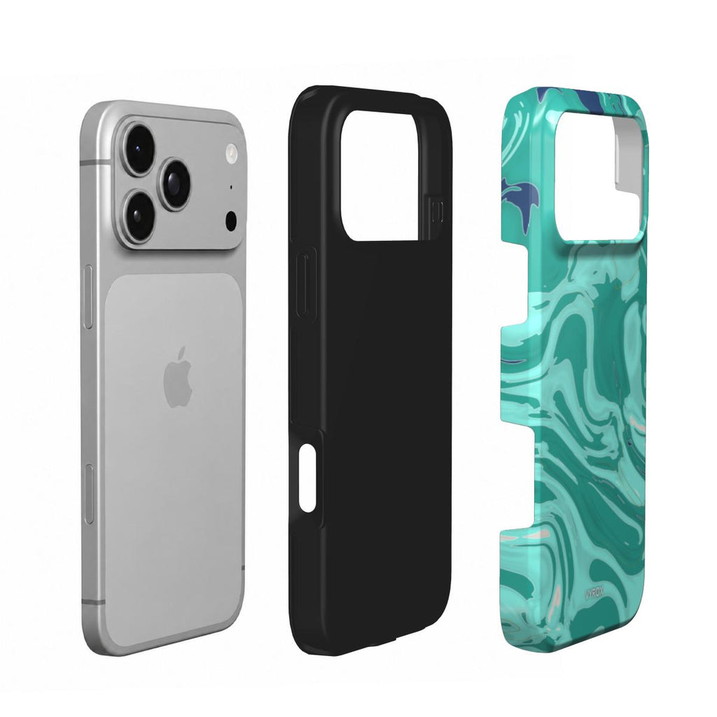 VYROX LAGOON Opal Tide tough case on iPhone 18 Pro, case and phone side by side