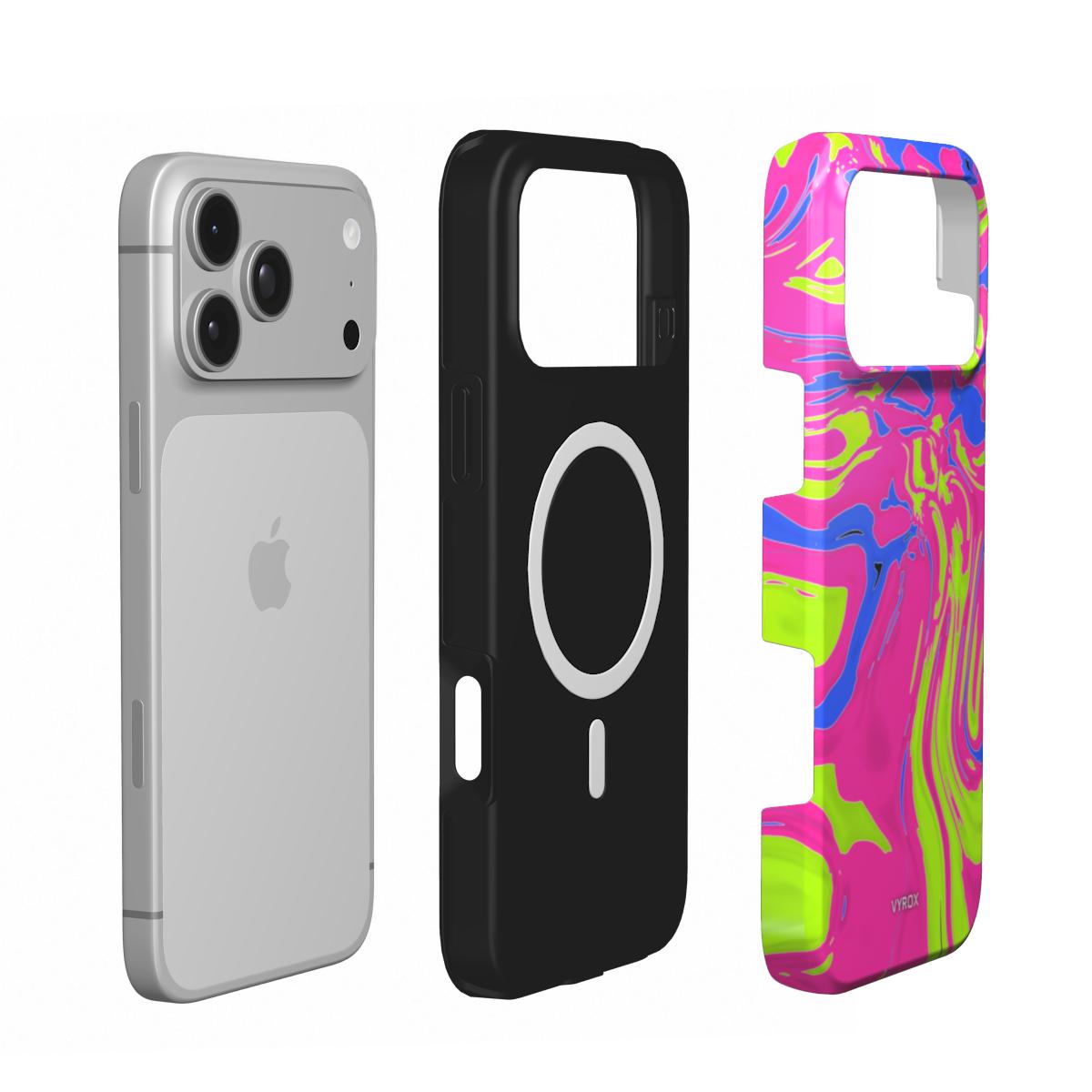 VYROX NEON Acid Rush MagSafe tough case on iPhone 18 Pro, case and phone side by side