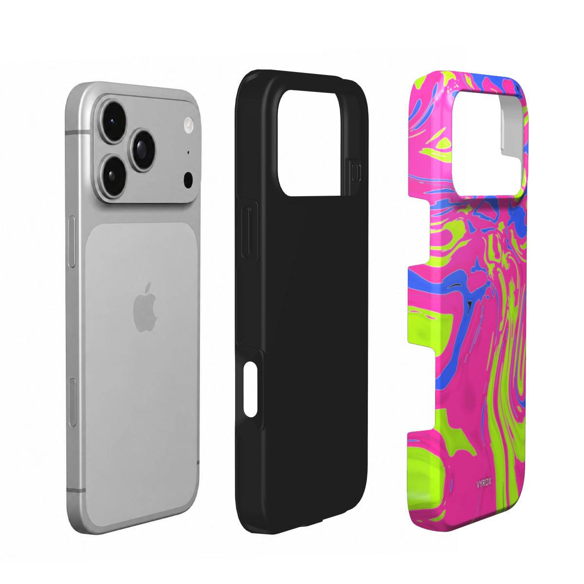 VYROX NEON Acid Rush tough case on iPhone 18 Pro, case and phone side by side