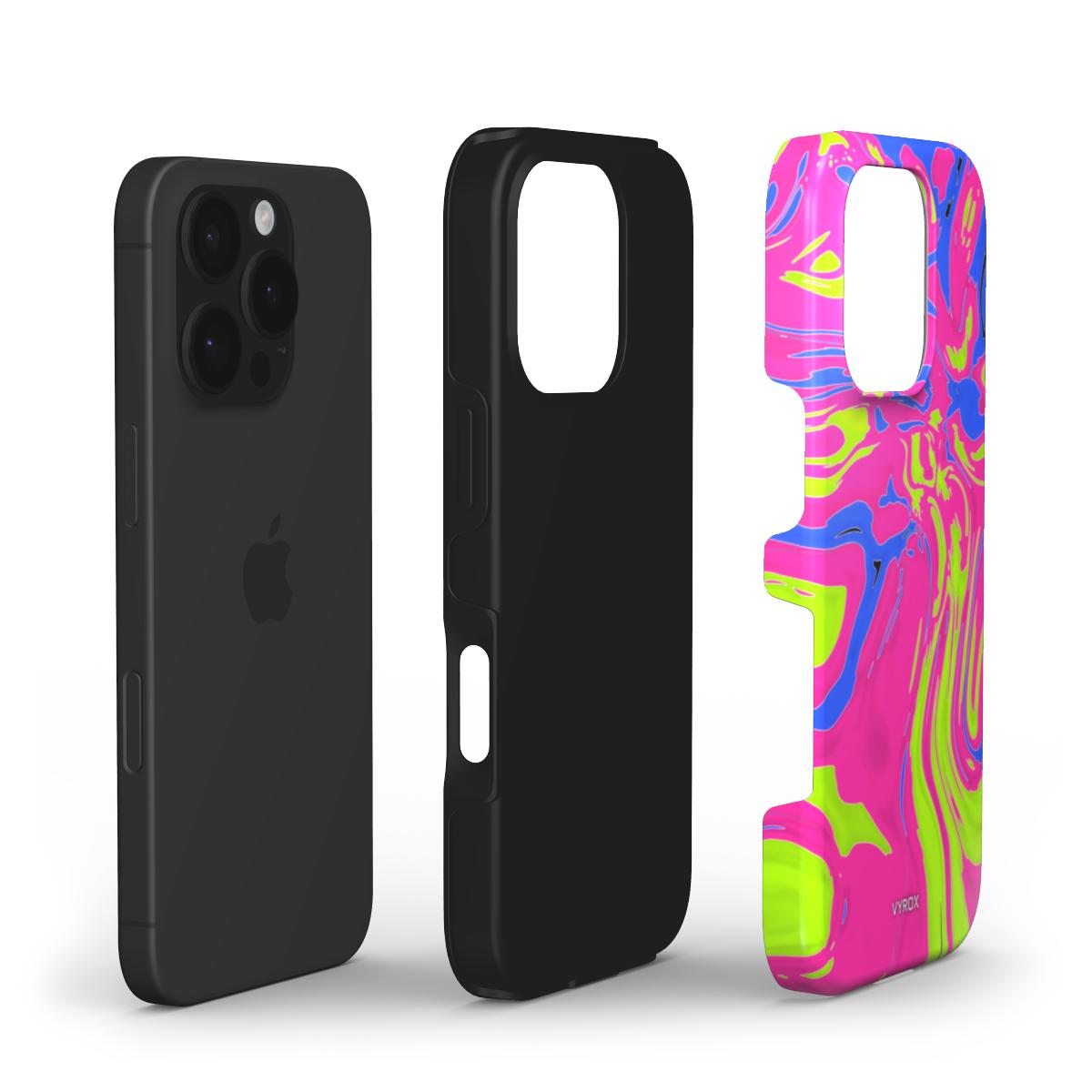VYROX NEON Acid Rush tough case on Google Pixel 11 Pro, case and phone side by side