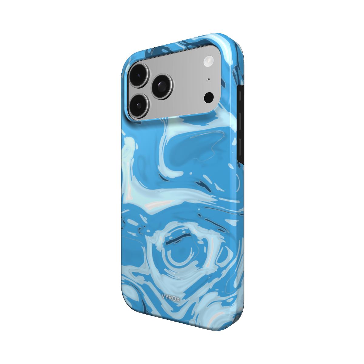 VYROX GLACIER Ice Flow MagSafe tough case on iPhone 18 Pro Max, angled view