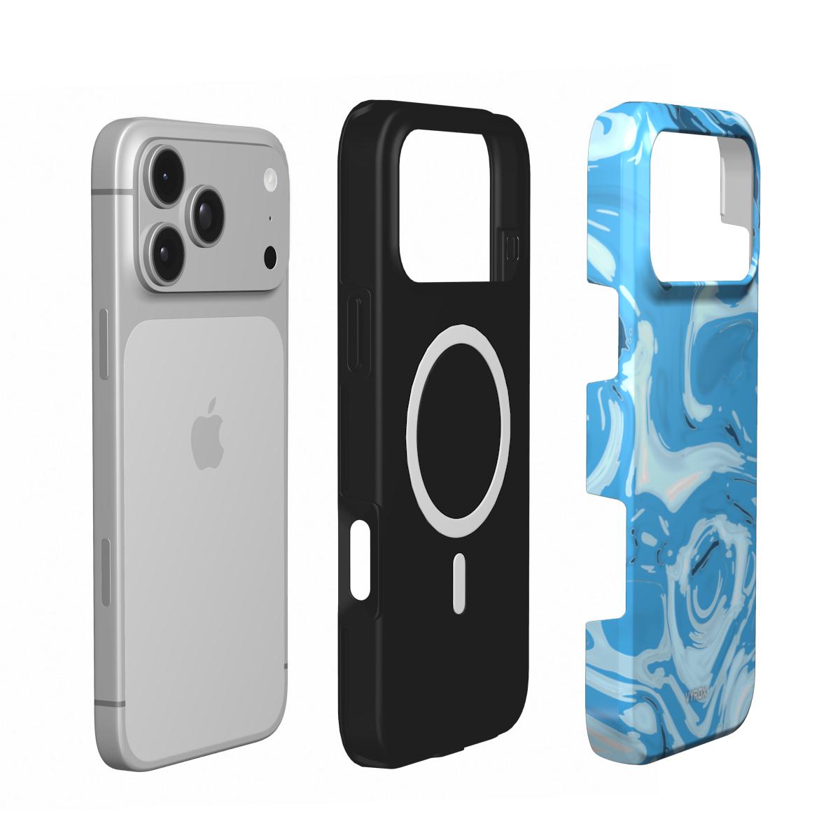 VYROX GLACIER Ice Flow MagSafe tough case on iPhone 18 Pro, case and phone side by side