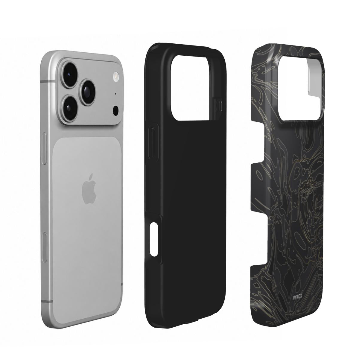VYROX OBSIDIAN Gold Vein tough case on iPhone 18 Pro, case and phone side by side