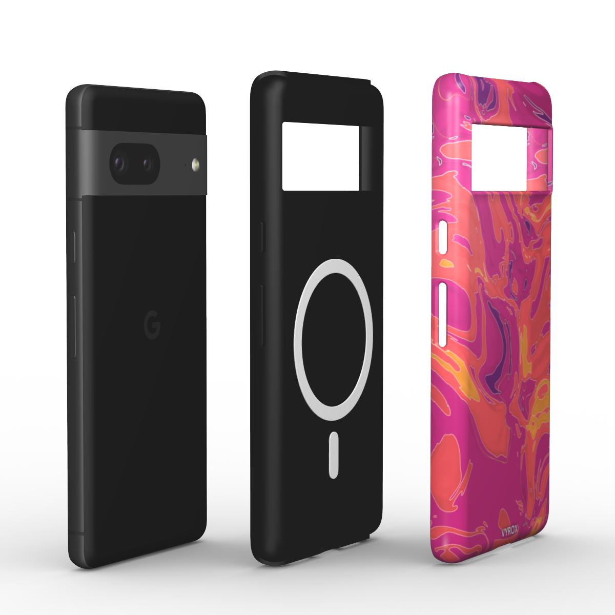 VYROX SUNSET Golden Hour magnetic tough case on Google Pixel 11, case and phone side by side