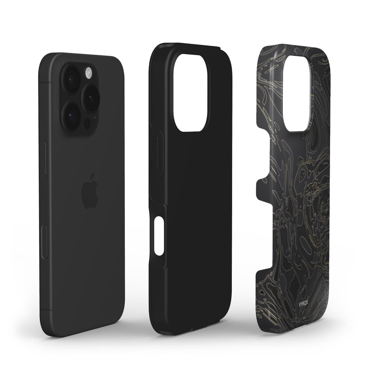 VYROX OBSIDIAN Gold Vein tough case on Google Pixel 11, case and phone side by side