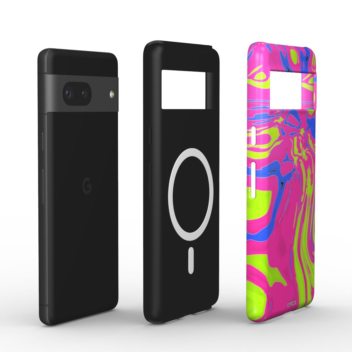 VYROX NEON Acid Rush magnetic tough case on Google Pixel 11, case and phone side by side
