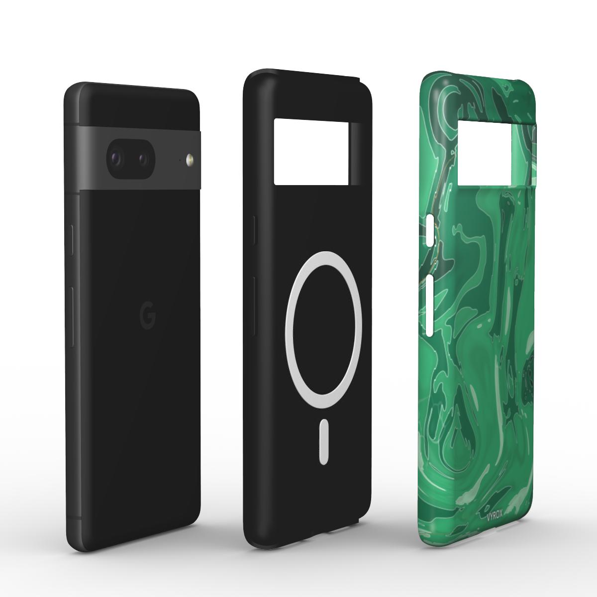 VYROX JADE Temple Green magnetic tough case on Google Pixel 11, case and phone side by side