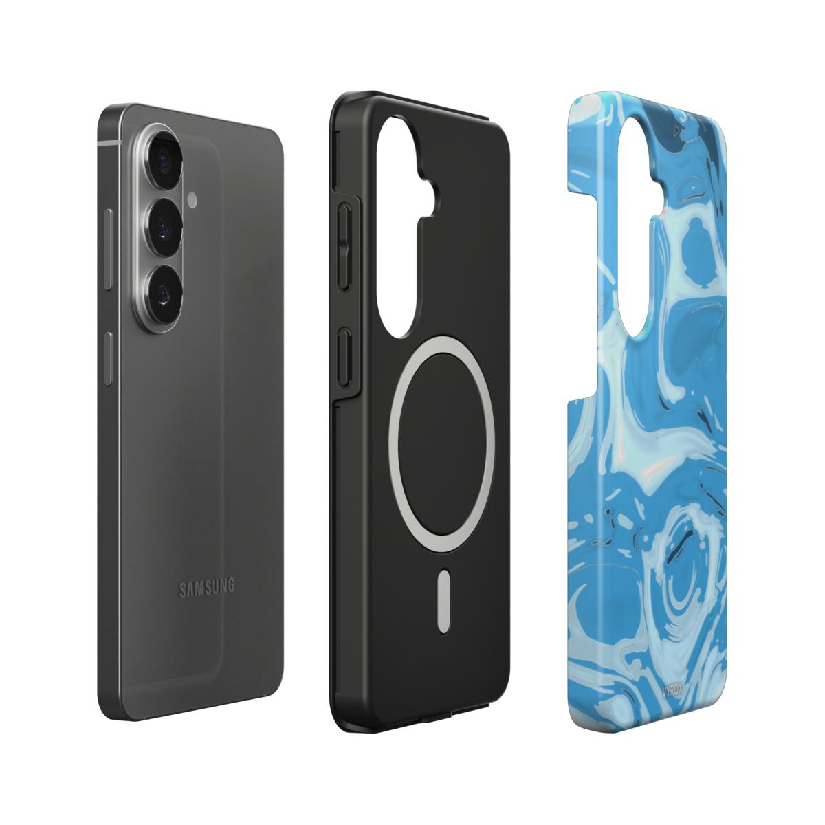 VYROX GLACIER Ice Flow magnetic tough case on Samsung Galaxy S26, case and phone side by side