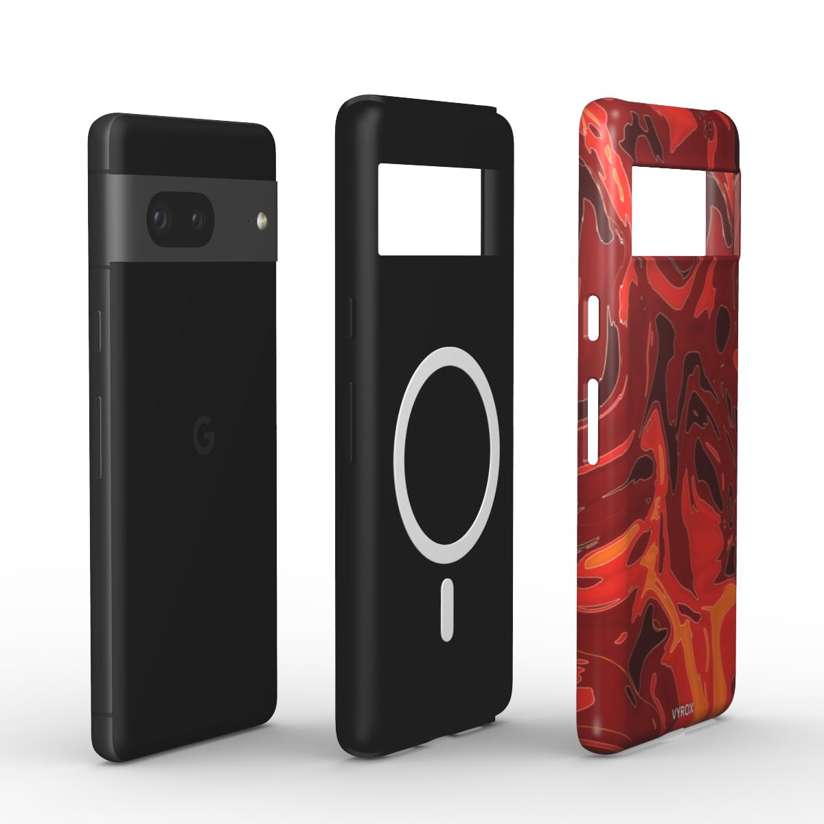 VYROX EMBER Molten Pour magnetic tough case on Google Pixel 11, case and phone side by side