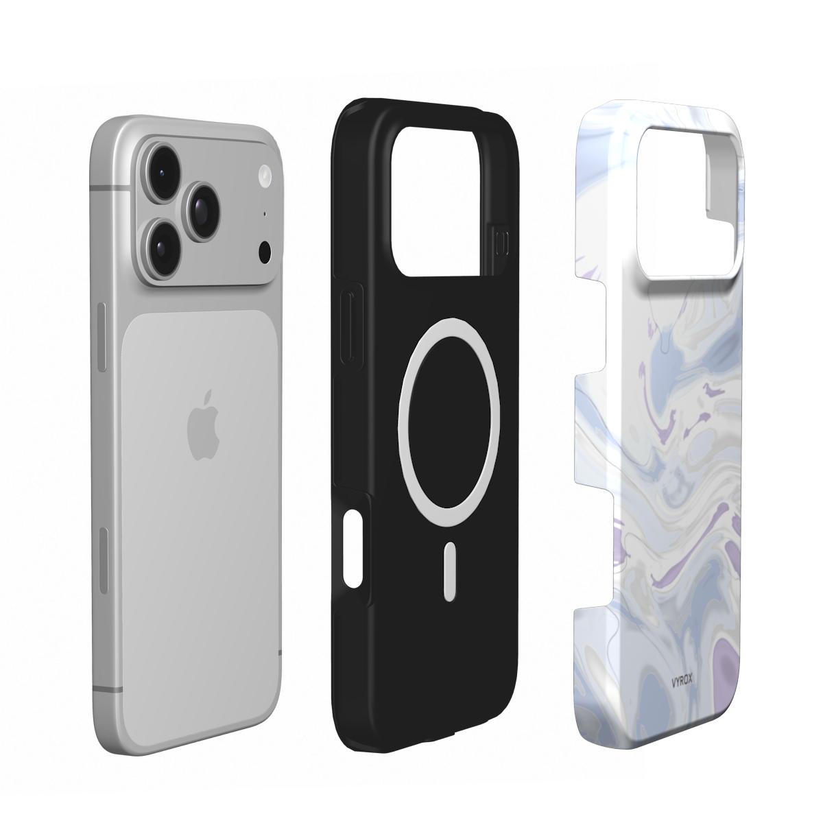 VYROX PEARL Moon Milk MagSafe tough case on iPhone 18 Pro, case and phone side by side