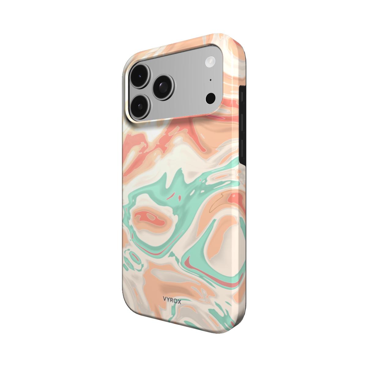 VYROX SORBET Peach Swirl MagSafe tough case on iPhone 18 Pro Max, angled view