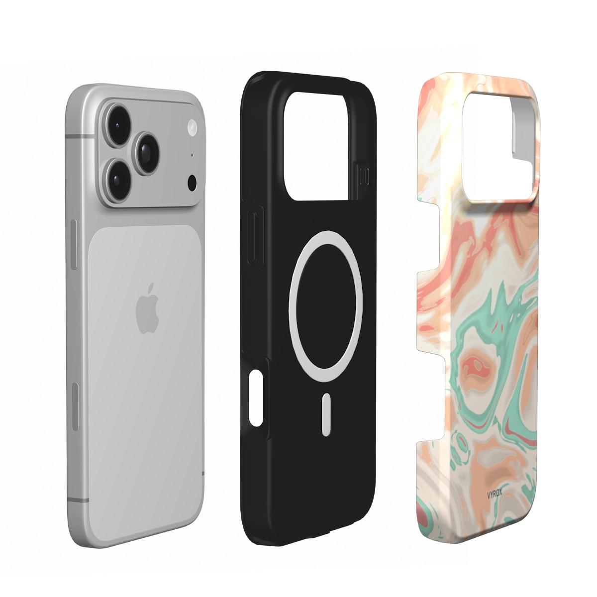 VYROX SORBET Peach Swirl MagSafe tough case on iPhone 18 Pro, case and phone side by side