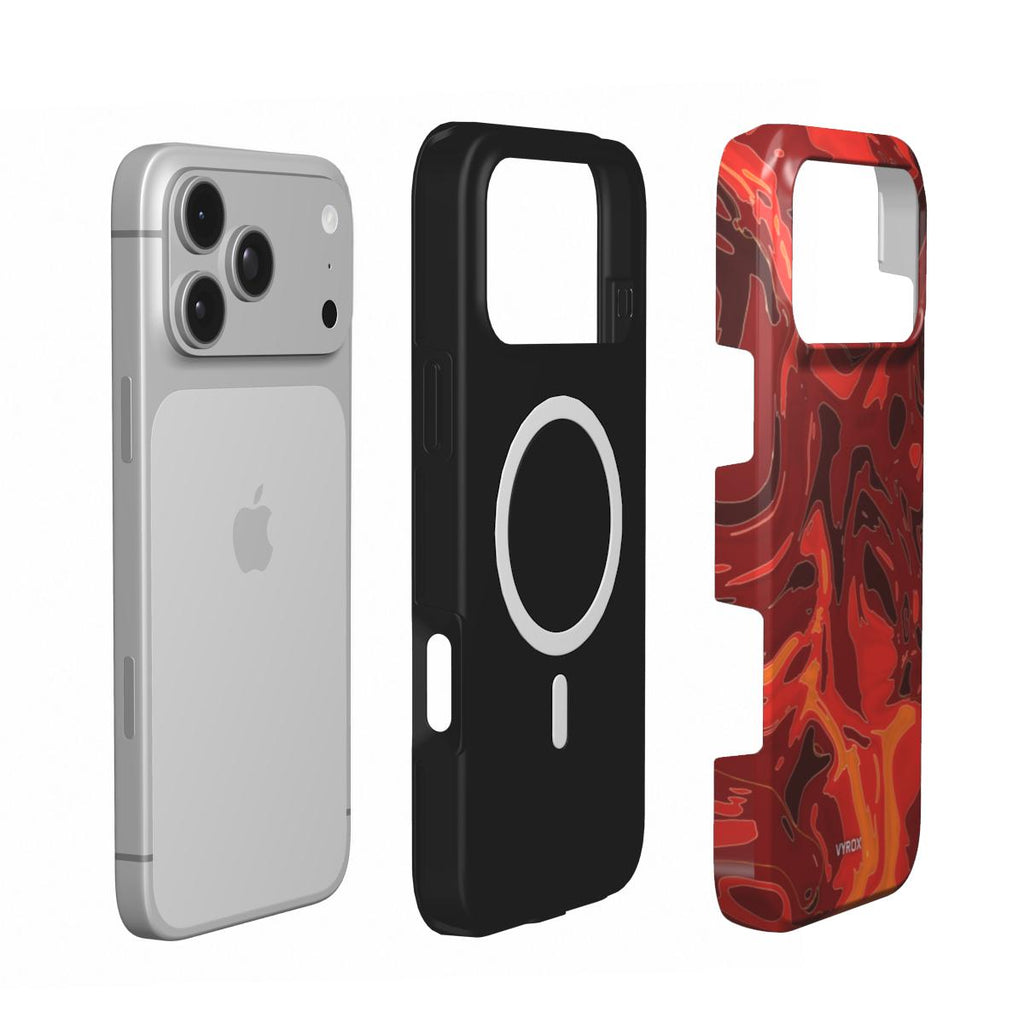 VYROX EMBER Molten Pour MagSafe tough case on iPhone 18 Pro, case and phone side by side