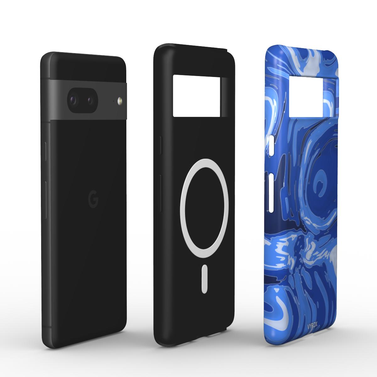 VYROX SAPPHIRE Deep Current magnetic tough case on Google Pixel 11 Pro, case and phone side by side