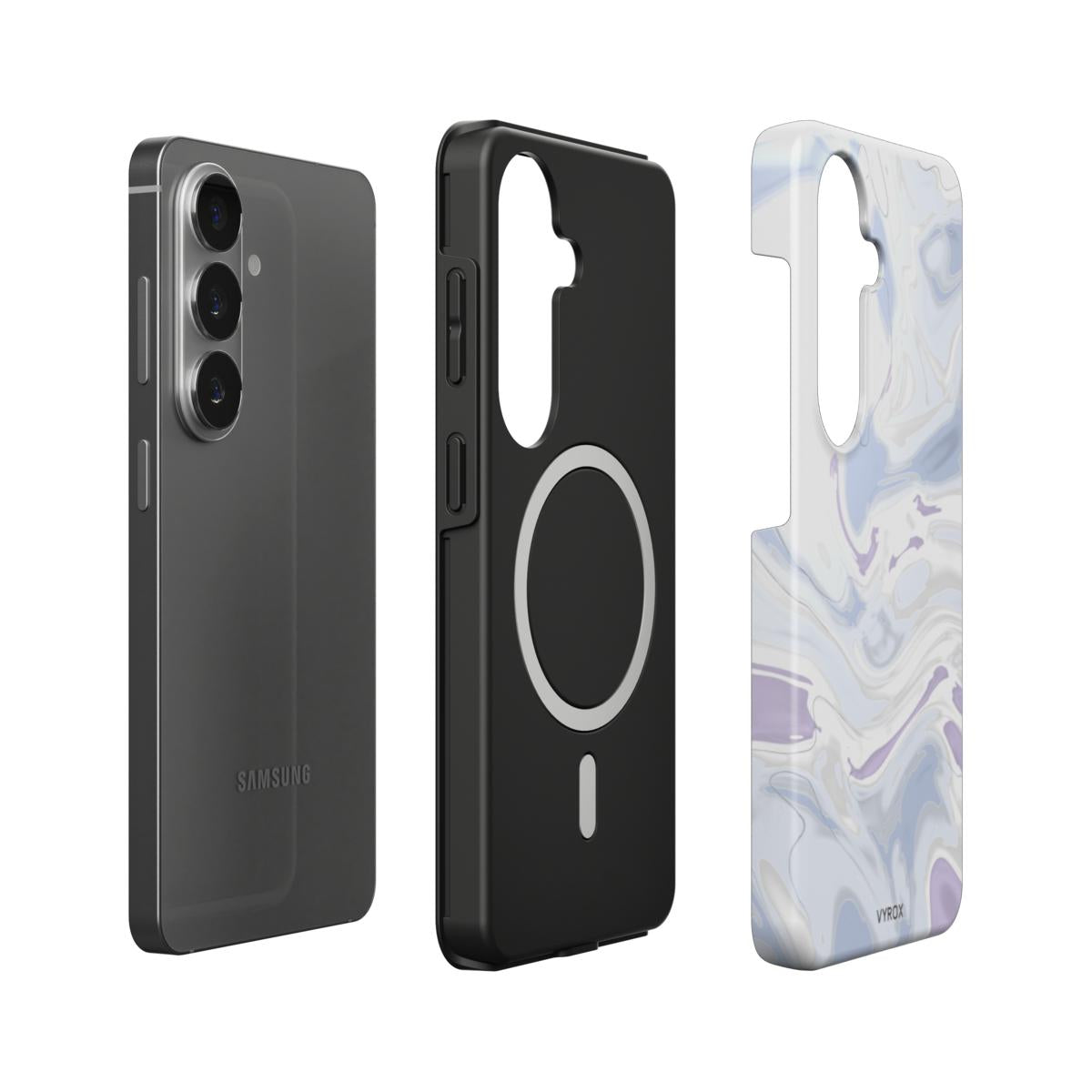 VYROX PEARL Moon Milk magnetic tough case on Samsung Galaxy S26, case and phone side by side