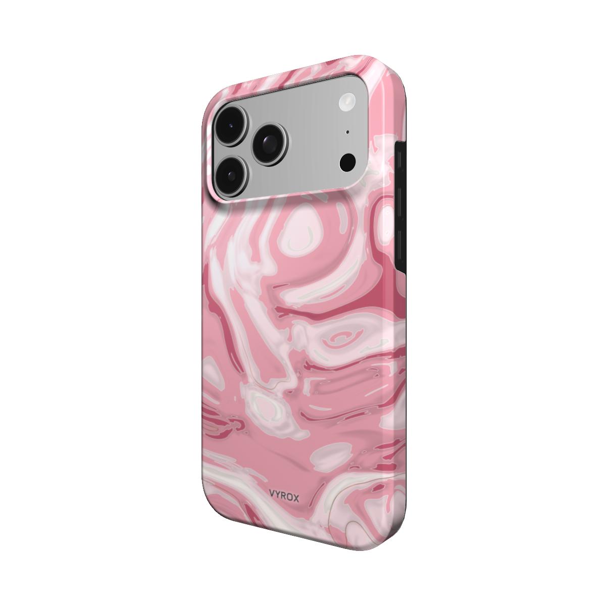 VYROX ROSE Blush Marble MagSafe tough case on iPhone 18 Pro, angled view