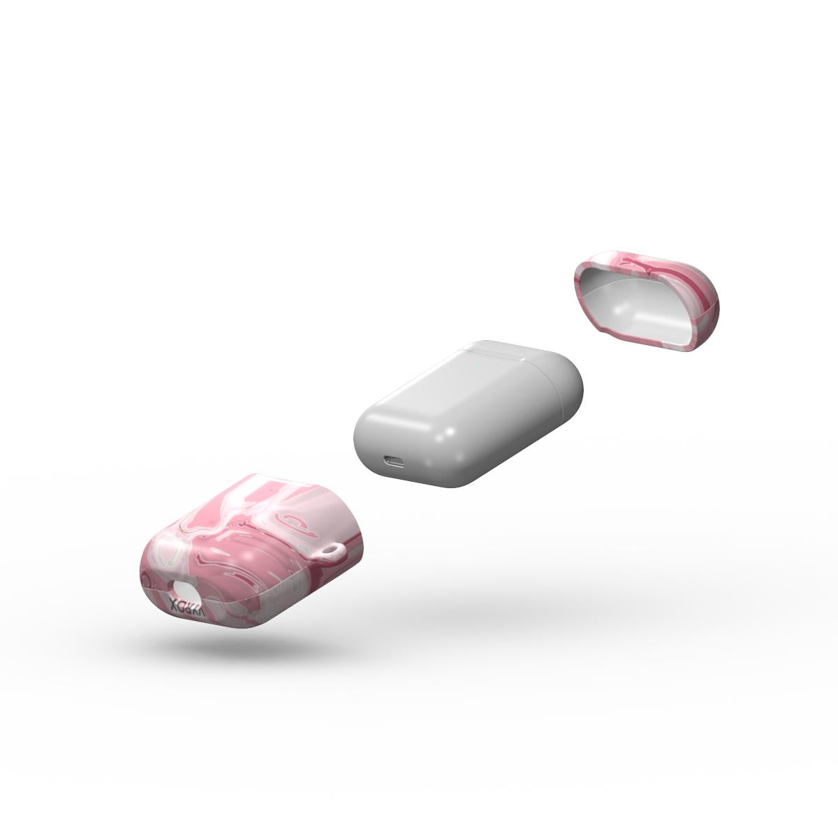 VYROX ROSE Blush Marble AirPods case on Apple AirPods 1 / 2, lid and body view