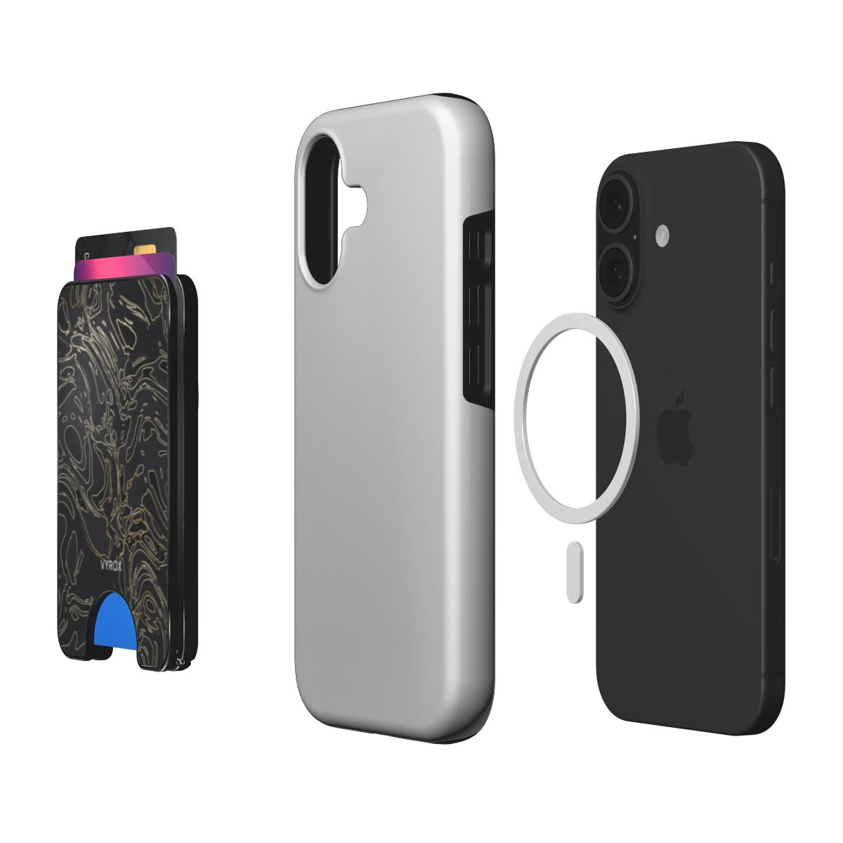 VYROX OBSIDIAN Gold Vein magnetic wallet, with a phone and case