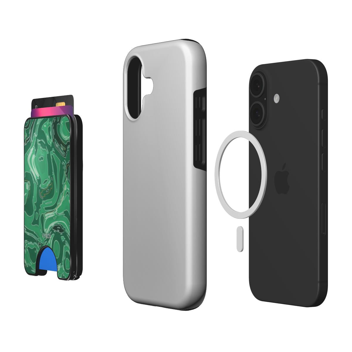 VYROX JADE Temple Green magnetic wallet, with a phone and case