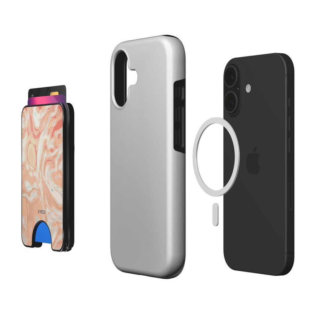 VYROX SORBET Peach Swirl magnetic wallet, with a phone and case
